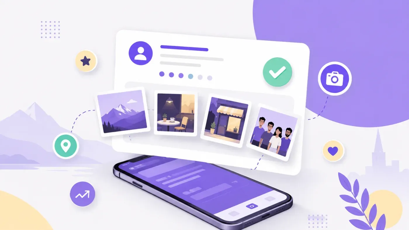Illustration flat design d'une fiche Google Business Profile en carte blanche flottant au-dessus d'un smartphone, avec des vignettes de photos qui s'insèrent comme des polaroids et une coche verte de validation, sur fond clair lavande avec accents violets et crème