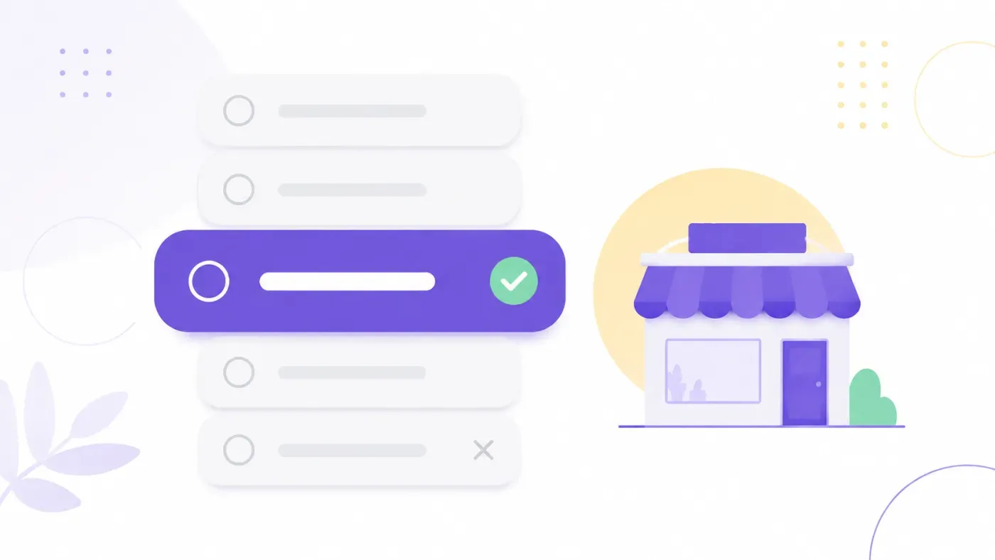 Interface stylisée de sélection de catégorie sur une fiche Google Business Profile, une option violette cochée au centre et plusieurs options grises écartées autour, illustrant le choix de la catégorie principale