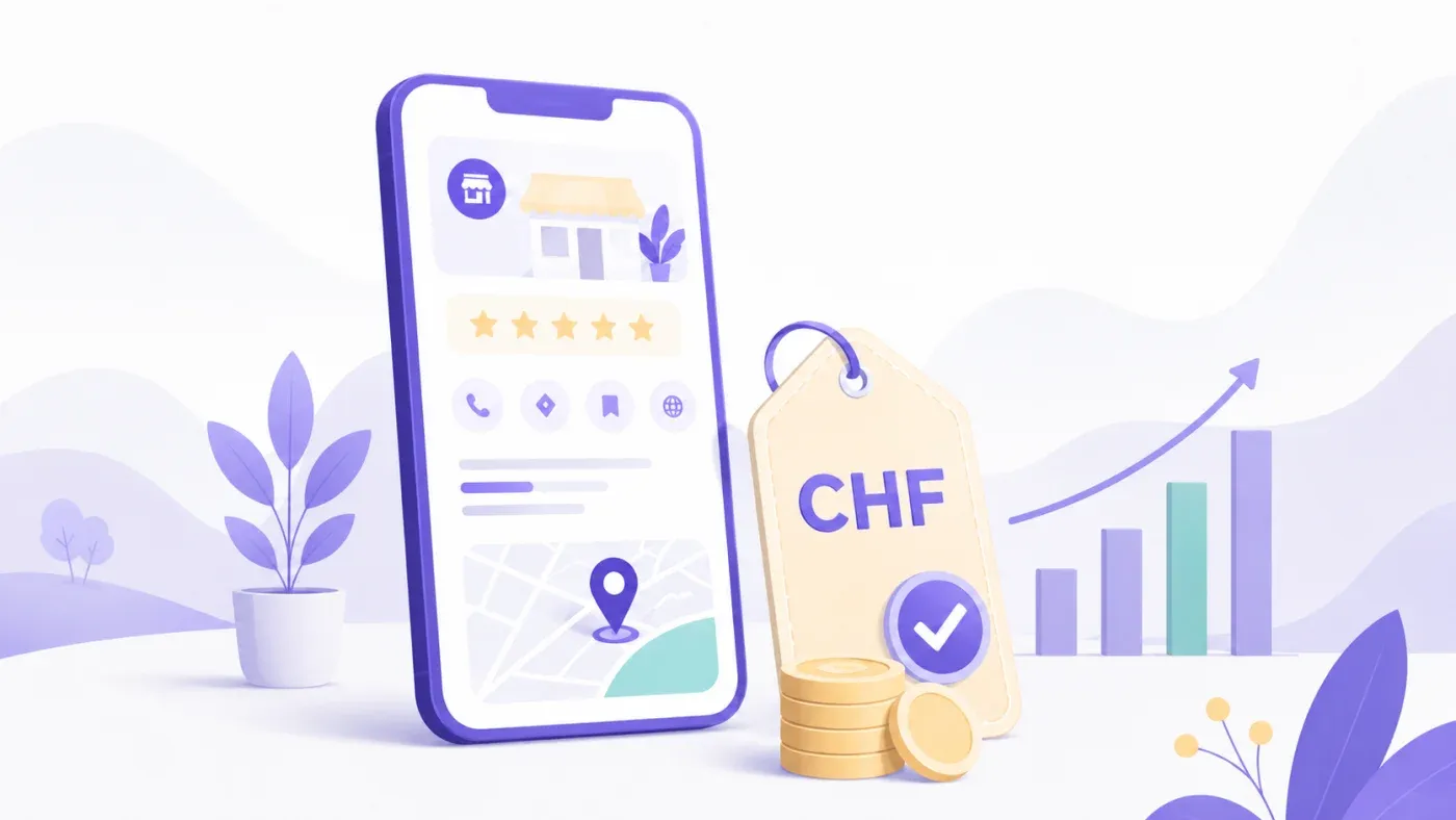 Smartphone affichant une fiche Google Business Profile à côté d'une étiquette de prix « CHF » avec une coche de validation, des pièces et un graphique en hausse, illustrant le coût transparent de la gestion d'une fiche Google