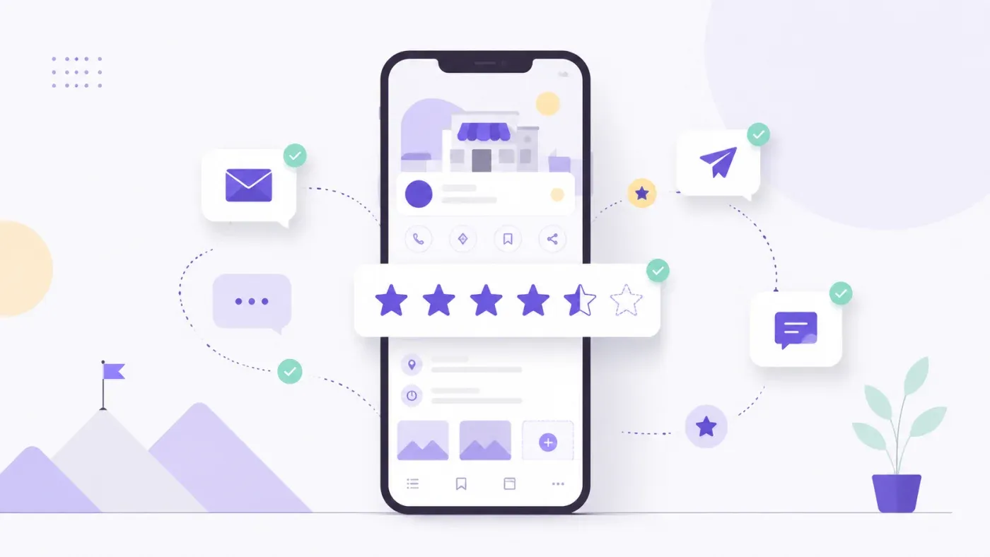 Smartphone affichant une fiche Google Business Profile avec une note en cours de remplissage (5 étoiles pleines, 1 à moitié), entouré de notifications d'email, SMS et message envoyées avec succès, et une montagne avec un drapeau symbolisant la progression de la réputation en ligne