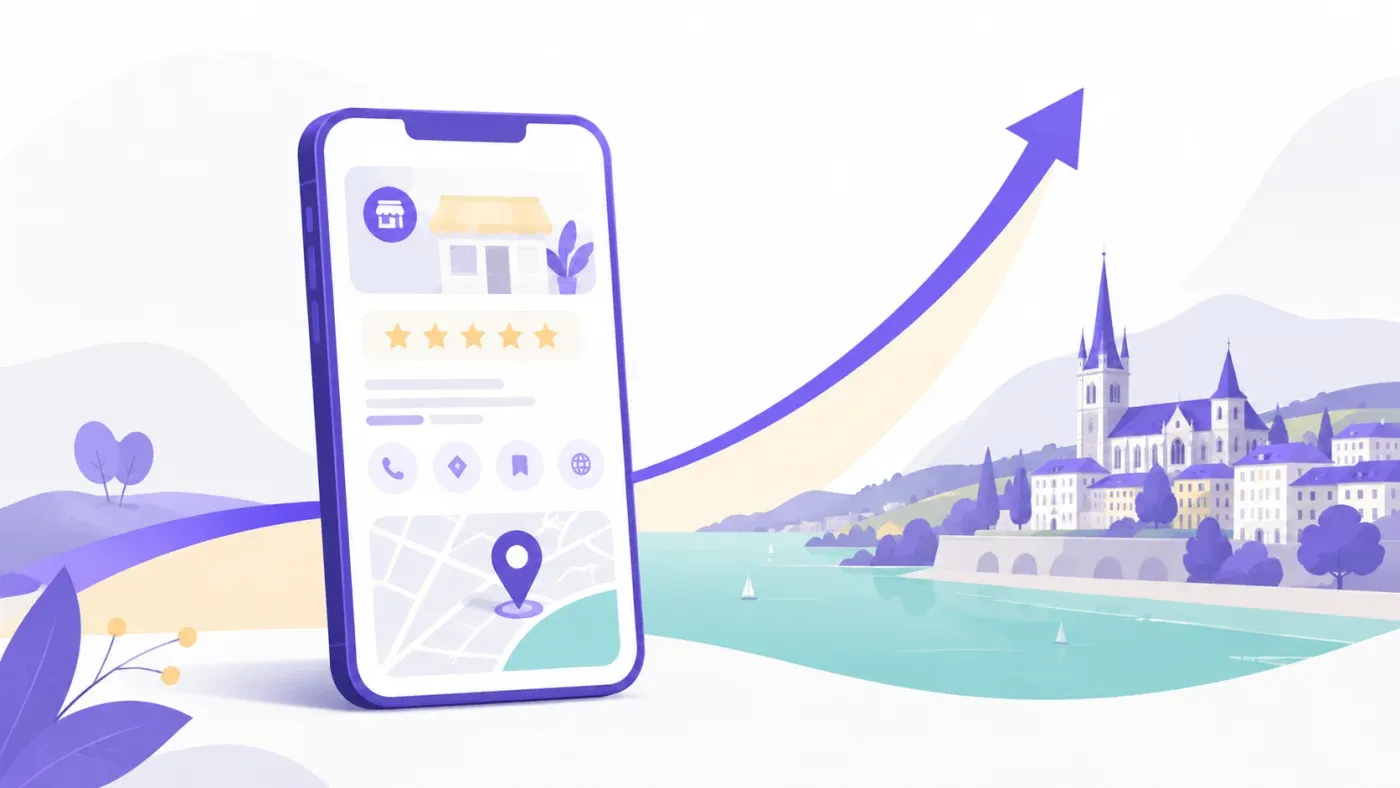 Smartphone affichant une fiche Google Business Profile (note 5 étoiles, épingle de carte) devant une vue stylisée de Lausanne au bord du lac Léman, avec une flèche violette ascendante symbolisant la progression de la visibilité locale