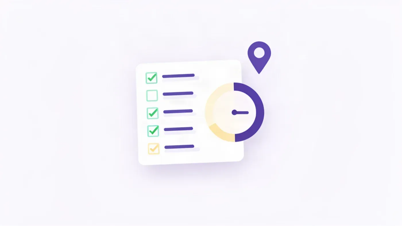 Illustration flat design d'une checklist violette avec des cases cochées en vert et une jauge circulaire de score à moitié remplie, sur fond blanc-lavande