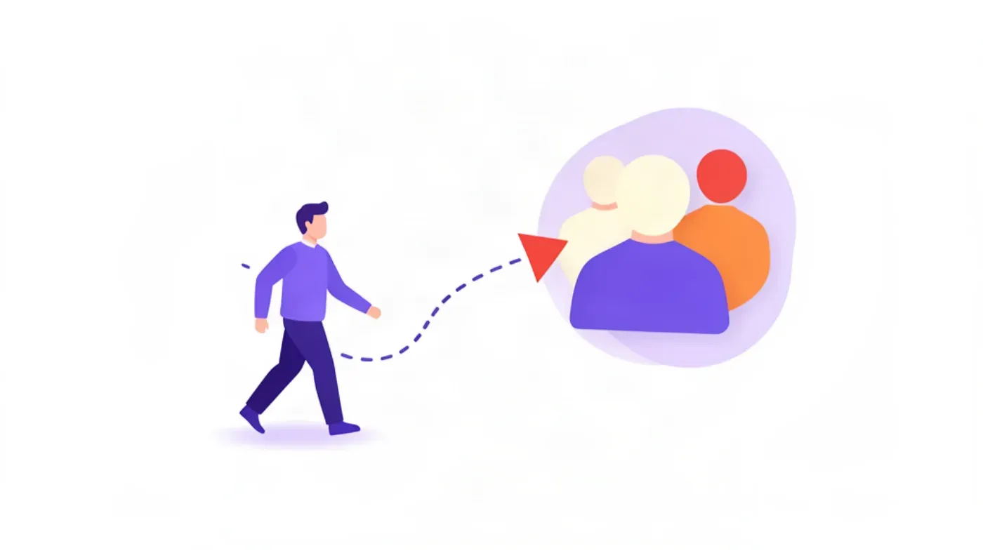 Illustration flat design violette d'une personne s'éloignant vers un groupe de silhouettes colorées, représentant un client parti chez un concurrent, sur fond blanc-lavande