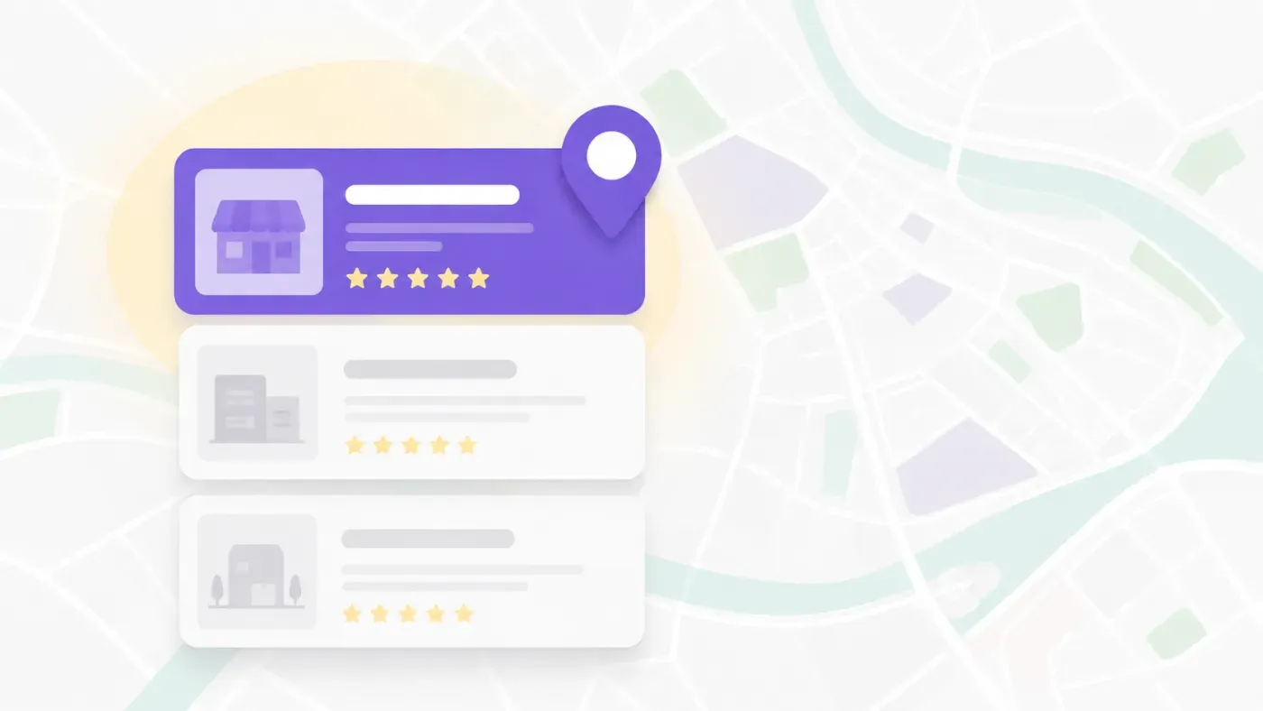Résultat de recherche Google stylisé montrant une carte avec trois fiches d'entreprises listées en dessous, la première mise en avant en violet et les suivantes en gris, illustrant le pack local Google