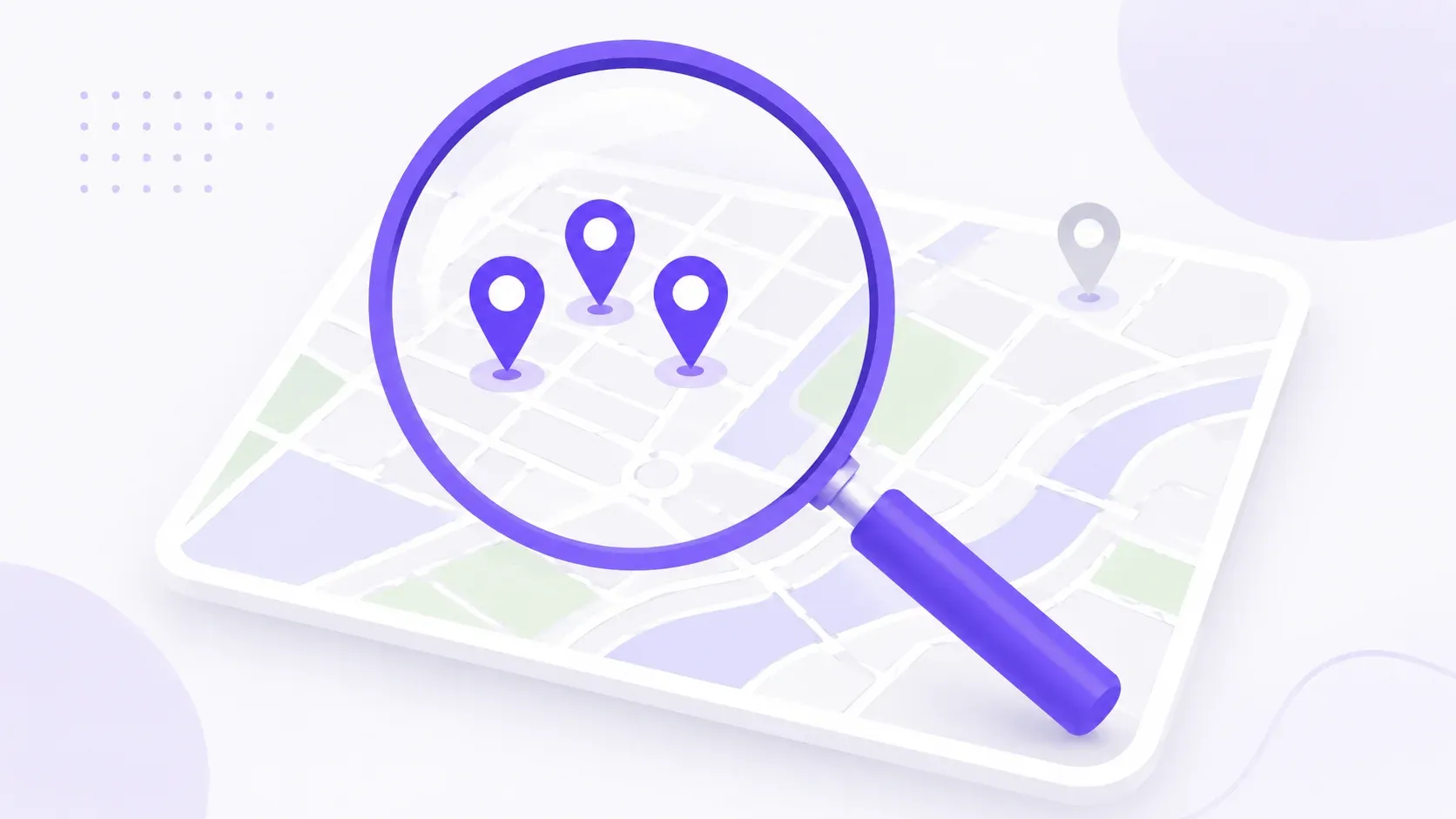 Loupe violette examinant une fiche Google Business Profile grisée en retrait du pack local des trois résultats en tête de recherche Google Maps