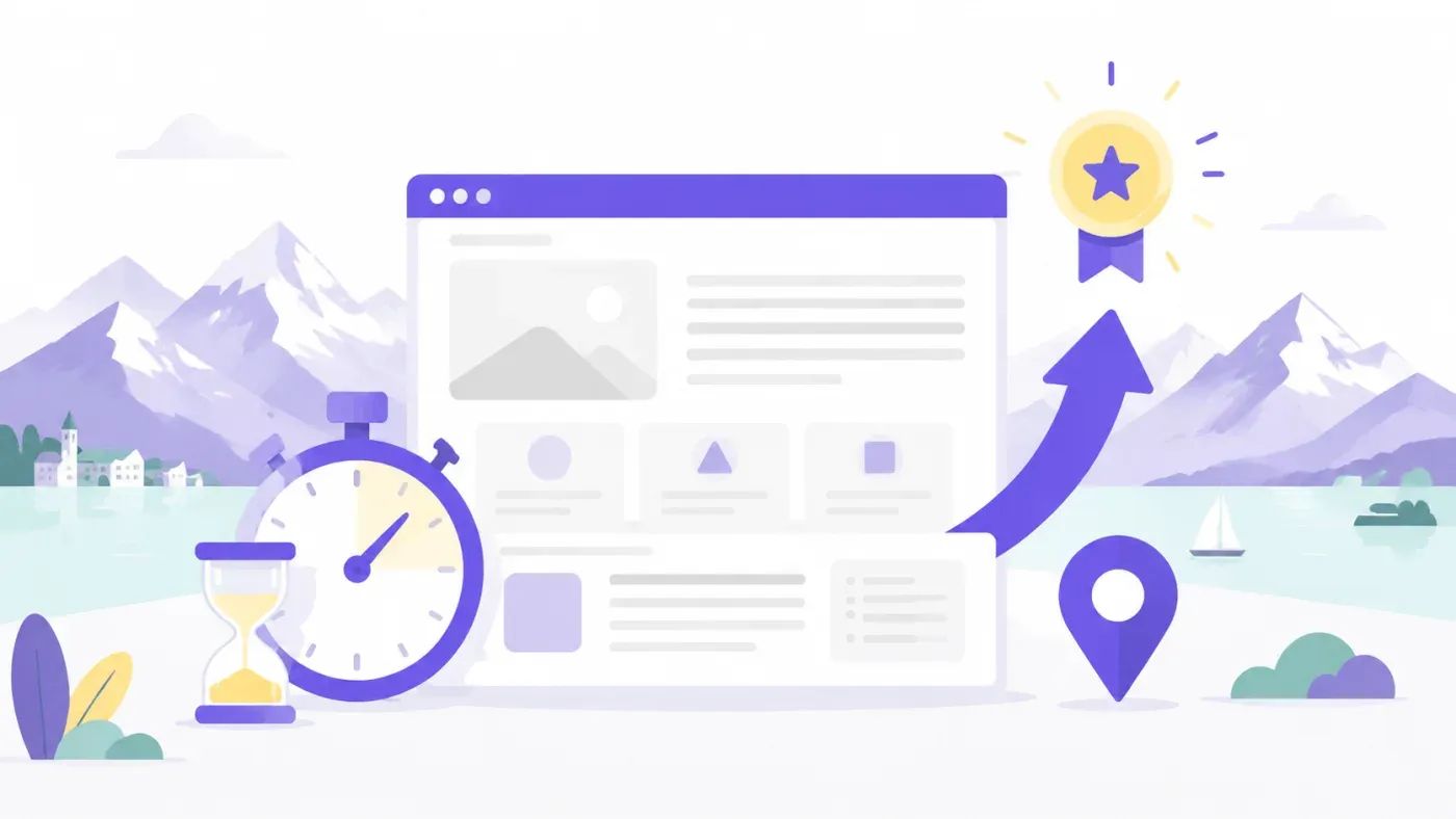 Illustration éditoriale flat design d'un navigateur web violet affichant une page de site abstraite, entouré d'un chronomètre, d'un sablier, d'une flèche de croissance vers une médaille de classement numéro 1 et d'un marqueur de position, paysage de montagnes et lac suisses, palette violet et crème