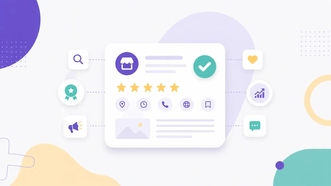 Illustration flat design d'une fiche Google Business Profile en carte blanche avec coche verte de validation et étoiles d'avis, entourée de badges flottants, sur fond clair lavande avec accents violets et crème