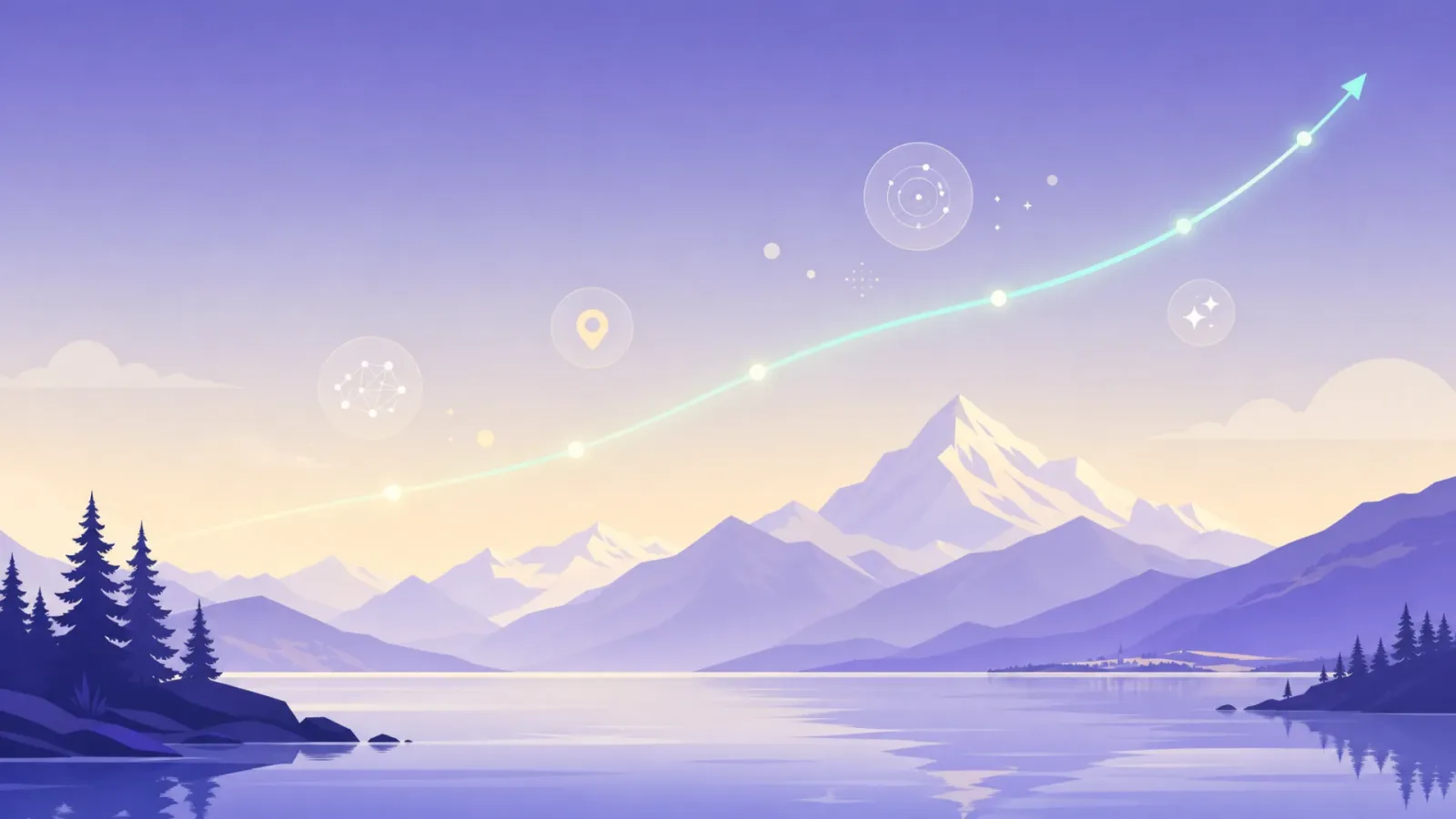 NovaUp — agence SEO en Suisse romande : paysage alpin stylisé violet avec lac, montagnes et courbe de croissance lumineuse illustrant la visibilité Google et IA
