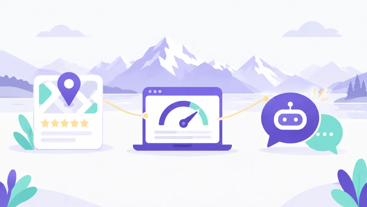 Illustration des trois piliers NovaUp : fiche Google Business, site rapide, SEO et intelligence artificielle